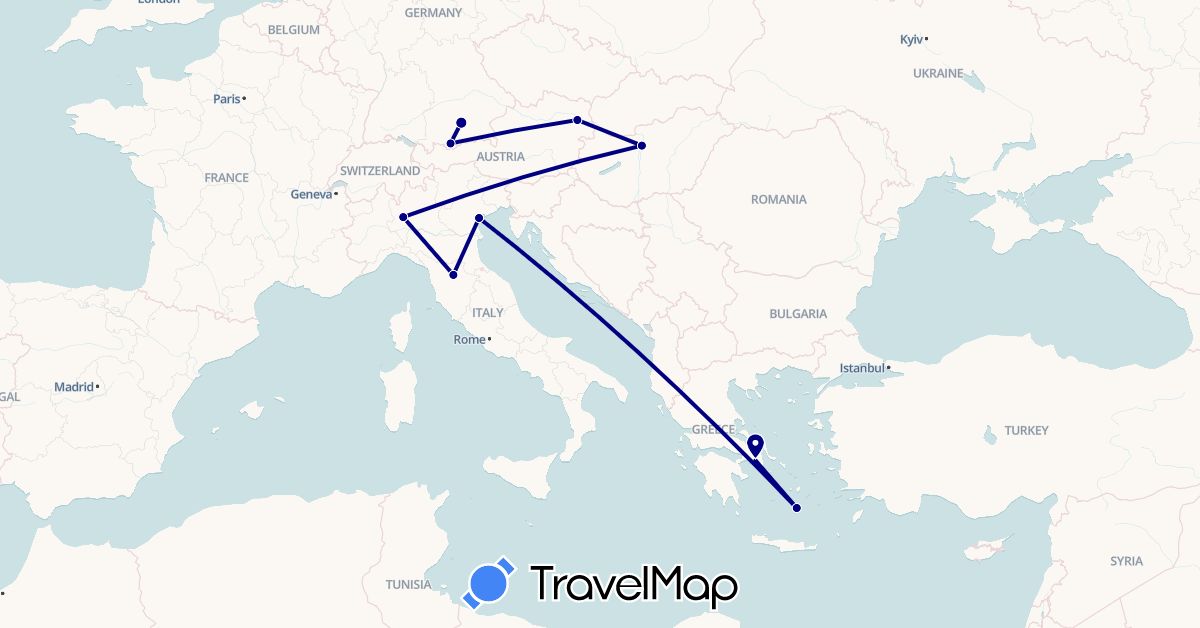 TravelMap itinerary: driving in Austria, Germany, Greece, Hungary, Italy (Europe)